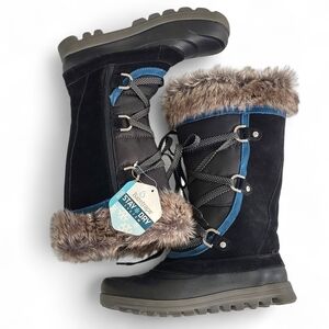 Baretraps Women's Black Winter Boots W/Faux Fur & Blue Trim "Yardley" 8-1/2M NWT